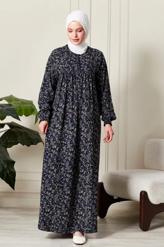 Smocked Yoke Button-Down Viscose Fabric Modest Wear Mother Dress Prayer Dress-Shawl Pattern Navy Blue - 2