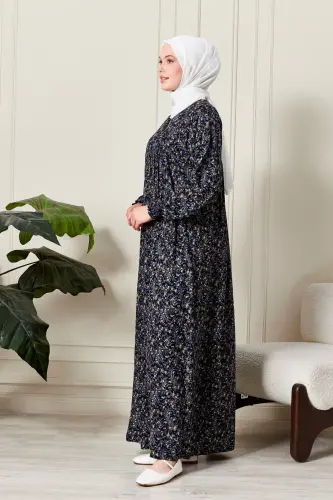 Smocked Yoke Button-Down Viscose Fabric Modest Wear Mother Dress Prayer Dress-Shawl Pattern Navy Blue - 3