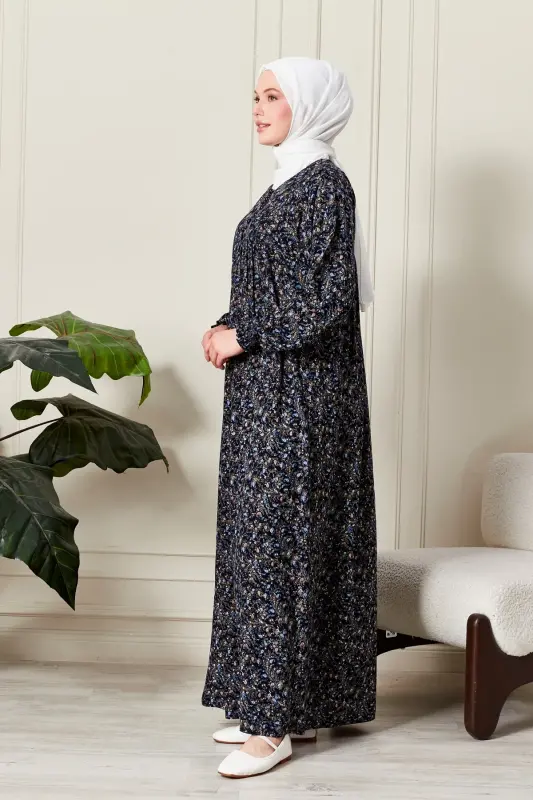 Smocked Yoke Button-Down Viscose Fabric Modest Wear Mother Dress Prayer Dress-Shawl Pattern Navy Blue - 3