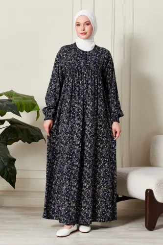Smocked Yoke Button-Down Viscose Fabric Modest Wear Mother Dress Prayer Dress-Shawl Pattern Navy Blue - 4