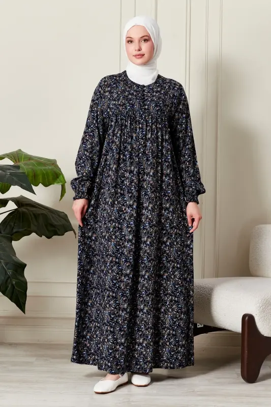 Smocked Yoke Button-Down Viscose Fabric Modest Wear Mother Dress Prayer Dress-Shawl Pattern Navy Blue - 4