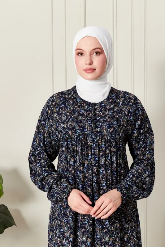 Smocked Yoke Button-Down Viscose Fabric Modest Wear Mother Dress Prayer Dress-Shawl Pattern Navy Blue - 5