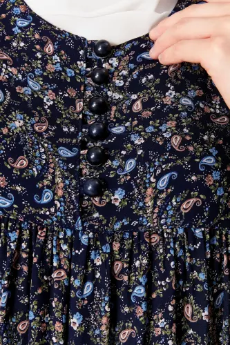 Smocked Yoke Button-Down Viscose Fabric Modest Wear Mother Dress Prayer Dress-Shawl Pattern Navy Blue - 6