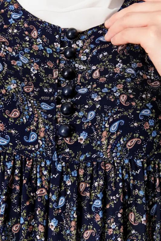 Smocked Yoke Button-Down Viscose Fabric Modest Wear Mother Dress Prayer Dress-Shawl Pattern Navy Blue - 6