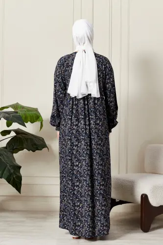 Smocked Yoke Button-Down Viscose Fabric Modest Wear Mother Dress Prayer Dress-Shawl Pattern Navy Blue - 7