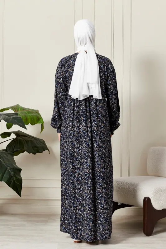 Smocked Yoke Button-Down Viscose Fabric Modest Wear Mother Dress Prayer Dress-Shawl Pattern Navy Blue - 7