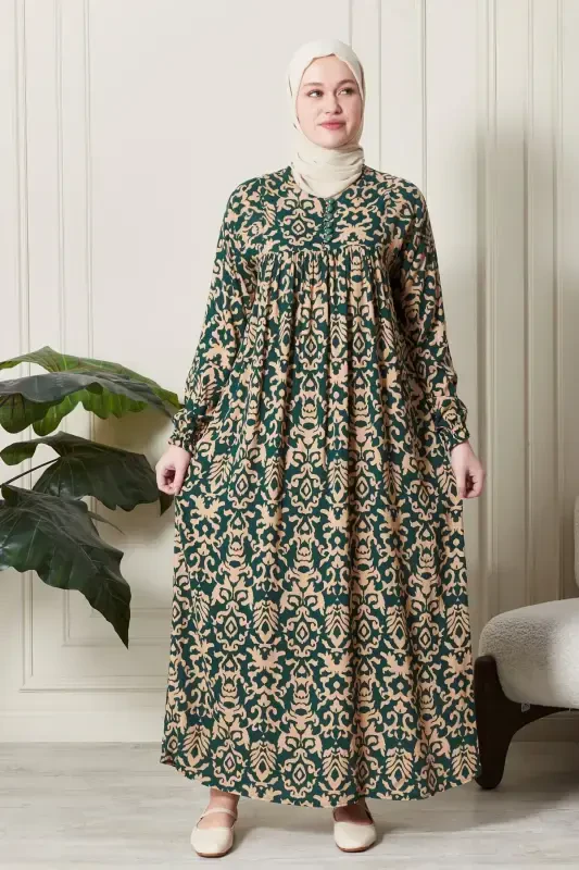Smocked Yoke Button-Front Viscose Fabric Modest Wear Mother Dress Prayer Dress-Ethnic Pattern Emerald - 1