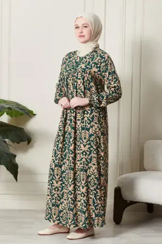 Smocked Yoke Button-Front Viscose Fabric Modest Wear Mother Dress Prayer Dress-Ethnic Pattern Emerald - FISTAN (1)