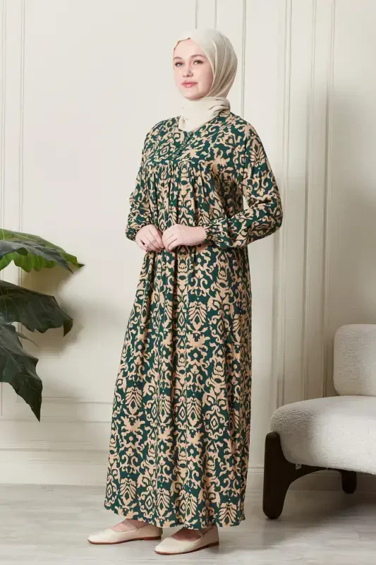 Smocked Yoke Button-Front Viscose Fabric Modest Wear Mother Dress Prayer Dress-Ethnic Pattern Emerald - 2