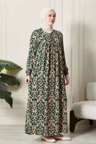 Smocked Yoke Button-Front Viscose Fabric Modest Wear Mother Dress Prayer Dress-Ethnic Pattern Emerald - 3