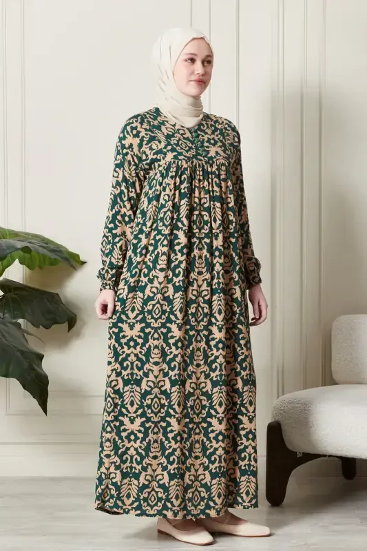 Smocked Yoke Button-Front Viscose Fabric Modest Wear Mother Dress Prayer Dress-Ethnic Pattern Emerald - 3