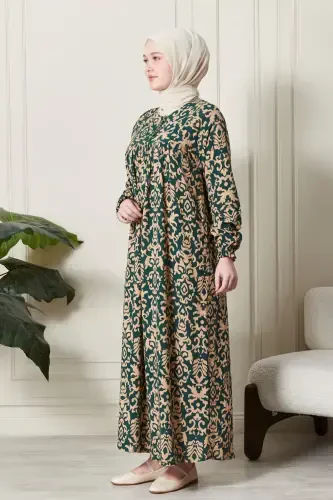 Smocked Yoke Button-Front Viscose Fabric Modest Wear Mother Dress Prayer Dress-Ethnic Pattern Emerald - 4