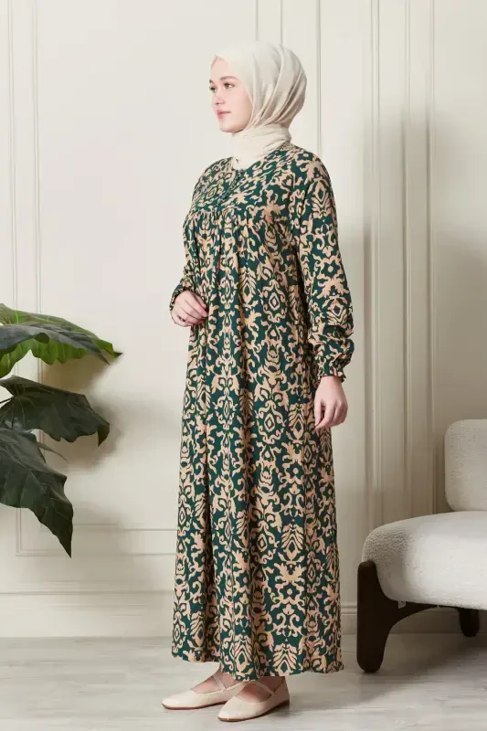 Smocked Yoke Button-Front Viscose Fabric Modest Wear Mother Dress Prayer Dress-Ethnic Pattern Emerald - 4