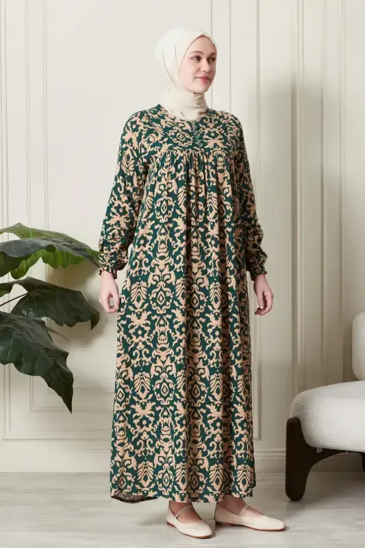 Smocked Yoke Button-Front Viscose Fabric Modest Wear Mother Dress Prayer Dress-Ethnic Pattern Emerald - 5