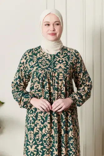 Smocked Yoke Button-Front Viscose Fabric Modest Wear Mother Dress Prayer Dress-Ethnic Pattern Emerald - 6