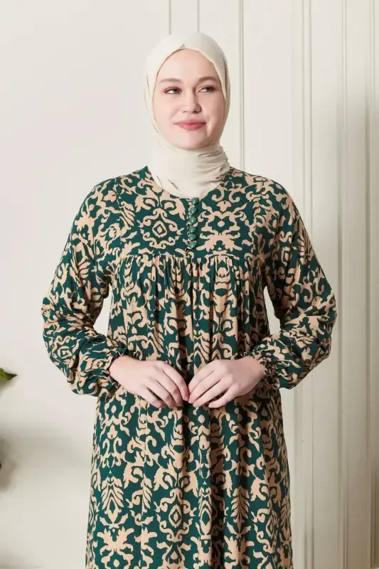 Smocked Yoke Button-Front Viscose Fabric Modest Wear Mother Dress Prayer Dress-Ethnic Pattern Emerald - 6