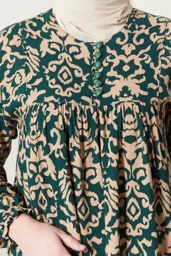 Smocked Yoke Button-Front Viscose Fabric Modest Wear Mother Dress Prayer Dress-Ethnic Pattern Emerald - 7