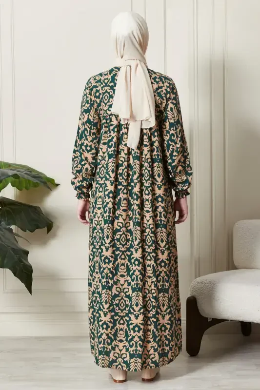 Smocked Yoke Button-Front Viscose Fabric Modest Wear Mother Dress Prayer Dress-Ethnic Pattern Emerald - 8