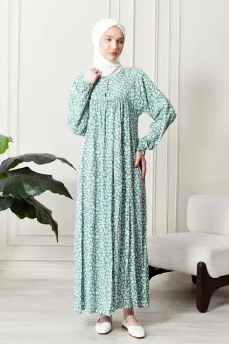 Smocked Yoke Buttoned Front Viscose Fabric Modest Wear Mother Dress Prayer Dress-Turquoise21 - 1