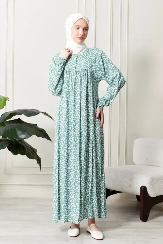Smocked Yoke Buttoned Front Viscose Fabric Modest Wear Mother Dress Prayer Dress-Turquoise21 - 1