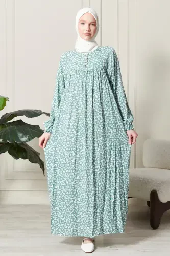 Smocked Yoke Buttoned Front Viscose Fabric Modest Wear Mother Dress Prayer Dress-Turquoise21 - FISTAN (1)