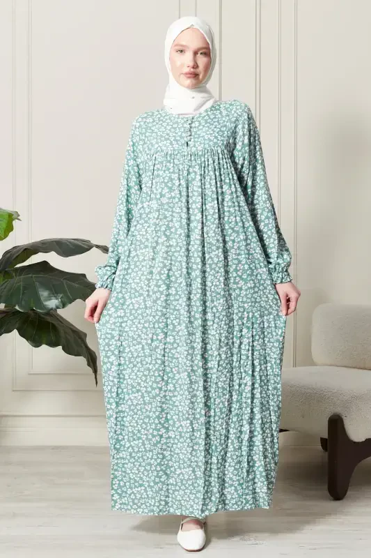 Smocked Yoke Buttoned Front Viscose Fabric Modest Wear Mother Dress Prayer Dress-Turquoise21 - 2