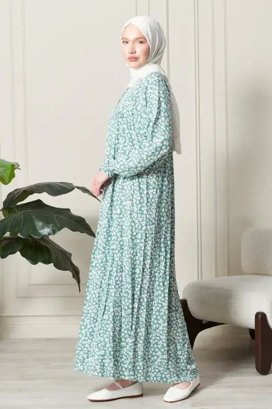 Smocked Yoke Buttoned Front Viscose Fabric Modest Wear Mother Dress Prayer Dress-Turquoise21 - 3