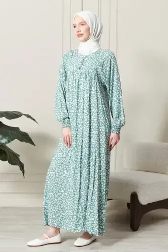 Smocked Yoke Buttoned Front Viscose Fabric Modest Wear Mother Dress Prayer Dress-Turquoise21 - 4