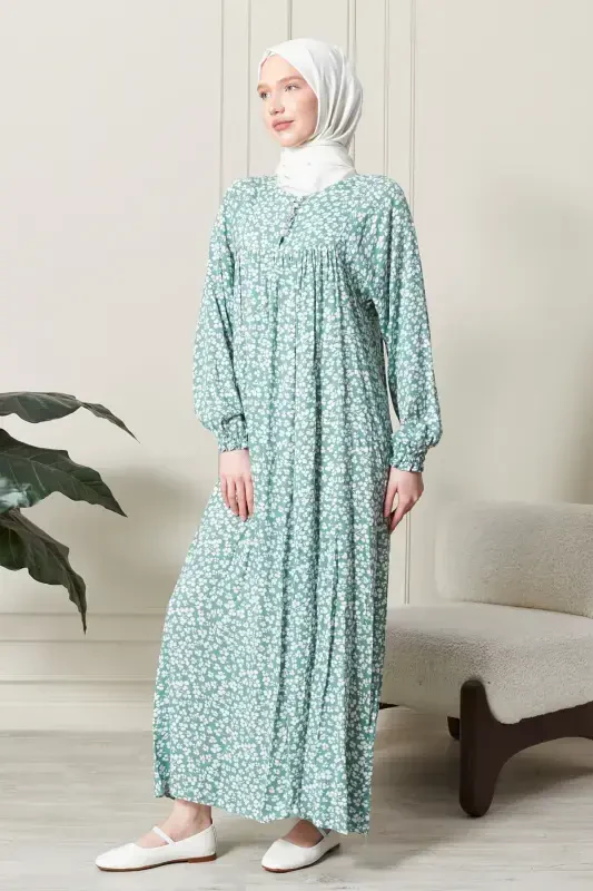Smocked Yoke Buttoned Front Viscose Fabric Modest Wear Mother Dress Prayer Dress-Turquoise21 - 4