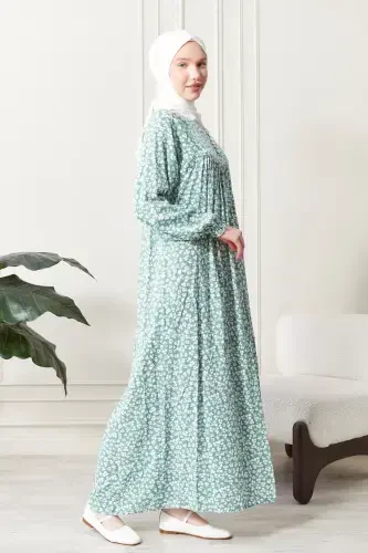 Smocked Yoke Buttoned Front Viscose Fabric Modest Wear Mother Dress Prayer Dress-Turquoise21 - 5