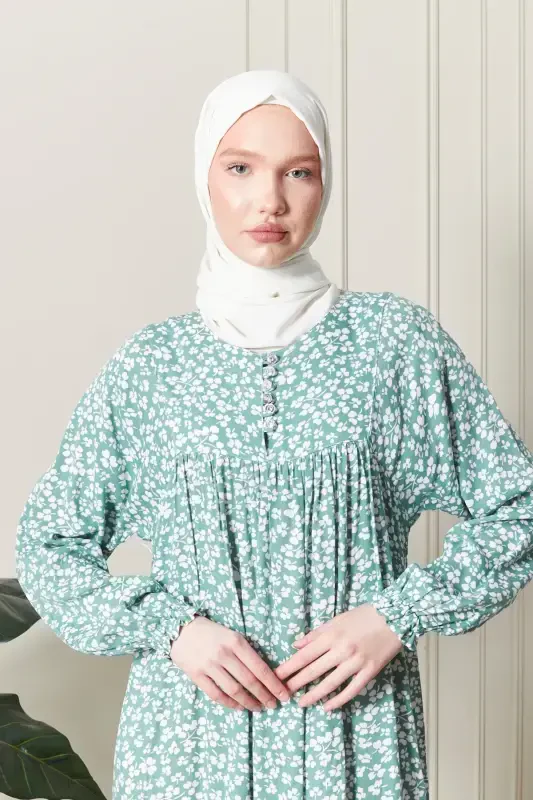 Smocked Yoke Buttoned Front Viscose Fabric Modest Wear Mother Dress Prayer Dress-Turquoise21 - 6