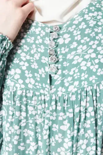 Smocked Yoke Buttoned Front Viscose Fabric Modest Wear Mother Dress Prayer Dress-Turquoise21 - 7