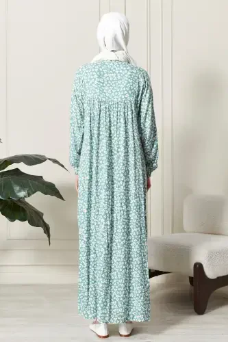 Smocked Yoke Buttoned Front Viscose Fabric Modest Wear Mother Dress Prayer Dress-Turquoise21 - 8
