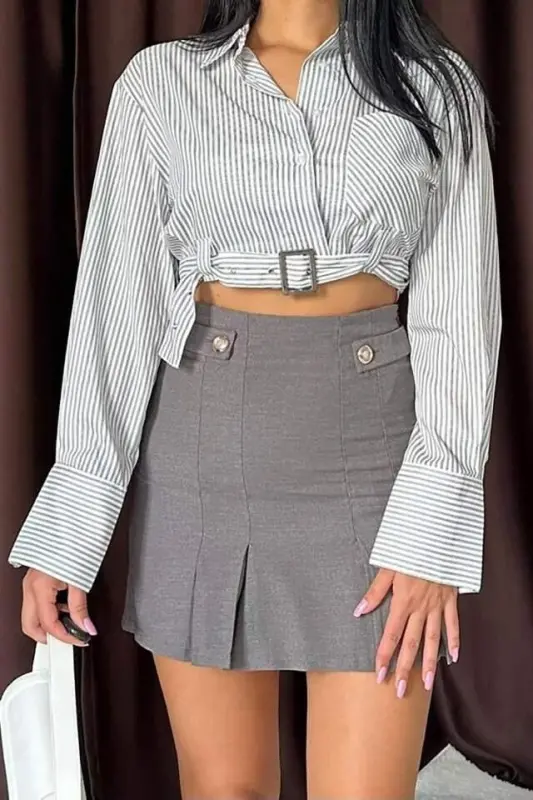 Smoked Button Detailed Pleated Skirt - 4