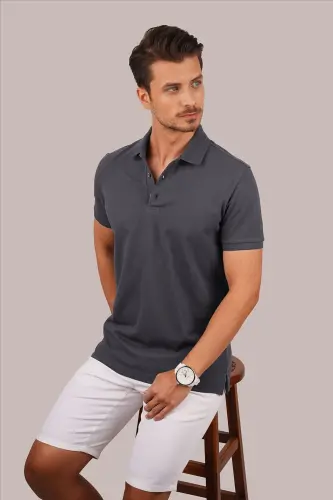 Smoked Collar Patterned Men's Polo Neck T-Shirt-Smoked - 2