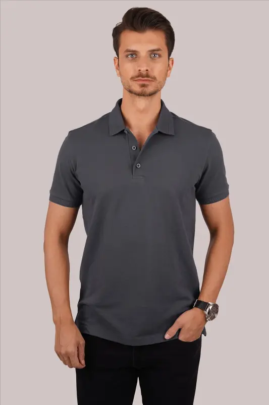 Smoked Collar Patterned Men's Polo Neck T-Shirt-Smoked - 4