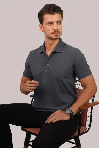 Smoked Collar Patterned Men's Polo Neck T-Shirt-Smoked - 3