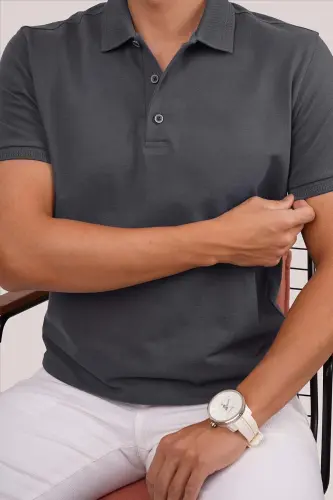 Smoked Collar Patterned Men's Polo Neck T-Shirt-Smoked - 6