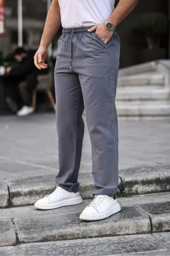 Smoked Color Men's Summer Linen Blend Relaxed Trousers - 5