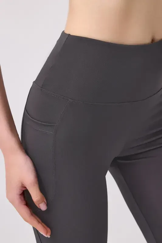 Smoked High Waist Double Pocket Flared Women's Leggings-Smoked - 4