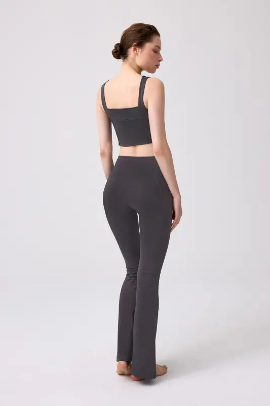 Smoked High Waist Double Pocket Flared Women's Leggings-Smoked - 2