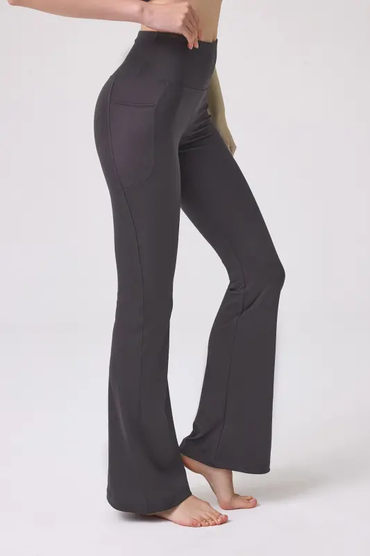 Smoked High Waist Double Pocket Flared Women's Leggings-Smoked - 3