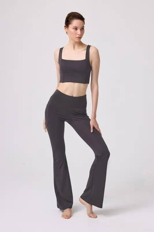 Smoked High Waist Double Pocket Flared Women's Leggings-Smoked - 5
