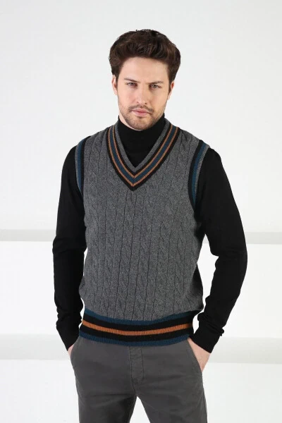 Smoked Knit Pattern V-Neck 100% Lambswool Men's Sweater - FERRARO