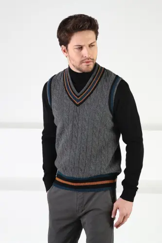 Smoked Knitted Pattern V-Neck 100% Lambswool Men's Sweater - Smoked - 4
