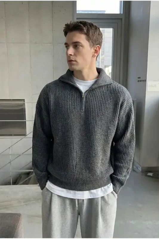 Smoked Men's Oversize Zippered Fisherman Knit Sweater-smoked - 1