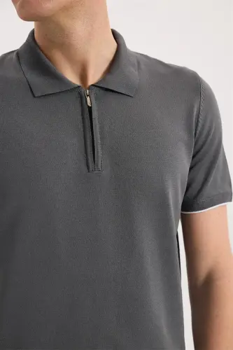 Smoked Slim Fit Knitted Zip-Up Polo Neck T-Shirt - 3