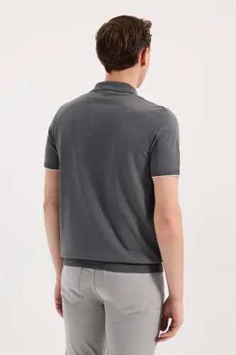 Smoked Slim Fit Knitted Zip-Up Polo Neck T-Shirt - 4