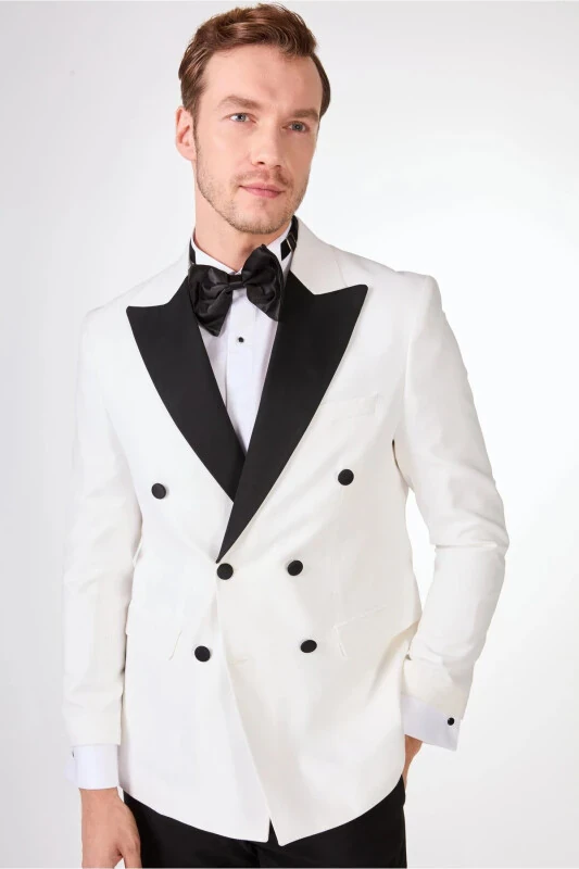 Смокинг мужской Slim Fit однотонный с остроконечным воротником цвета экрю - 92441 - DUFY