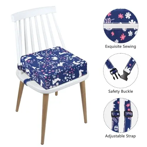 SMZCTYI Toddler Booster Seat for Dining Table, Stronger Support Non-Slip Bottom Double Safe Straps Booster Seat Dining Toddler, Portable Travel Increasing Cushion (Navy Blue Rabbit) - 5